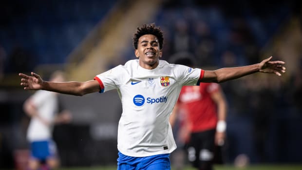 Lamine Yamal pictured celebrating after scoring for Barcelona in a 2-0 win over Osasuna in the semi-finals of the 2024 Supercopa de Espana